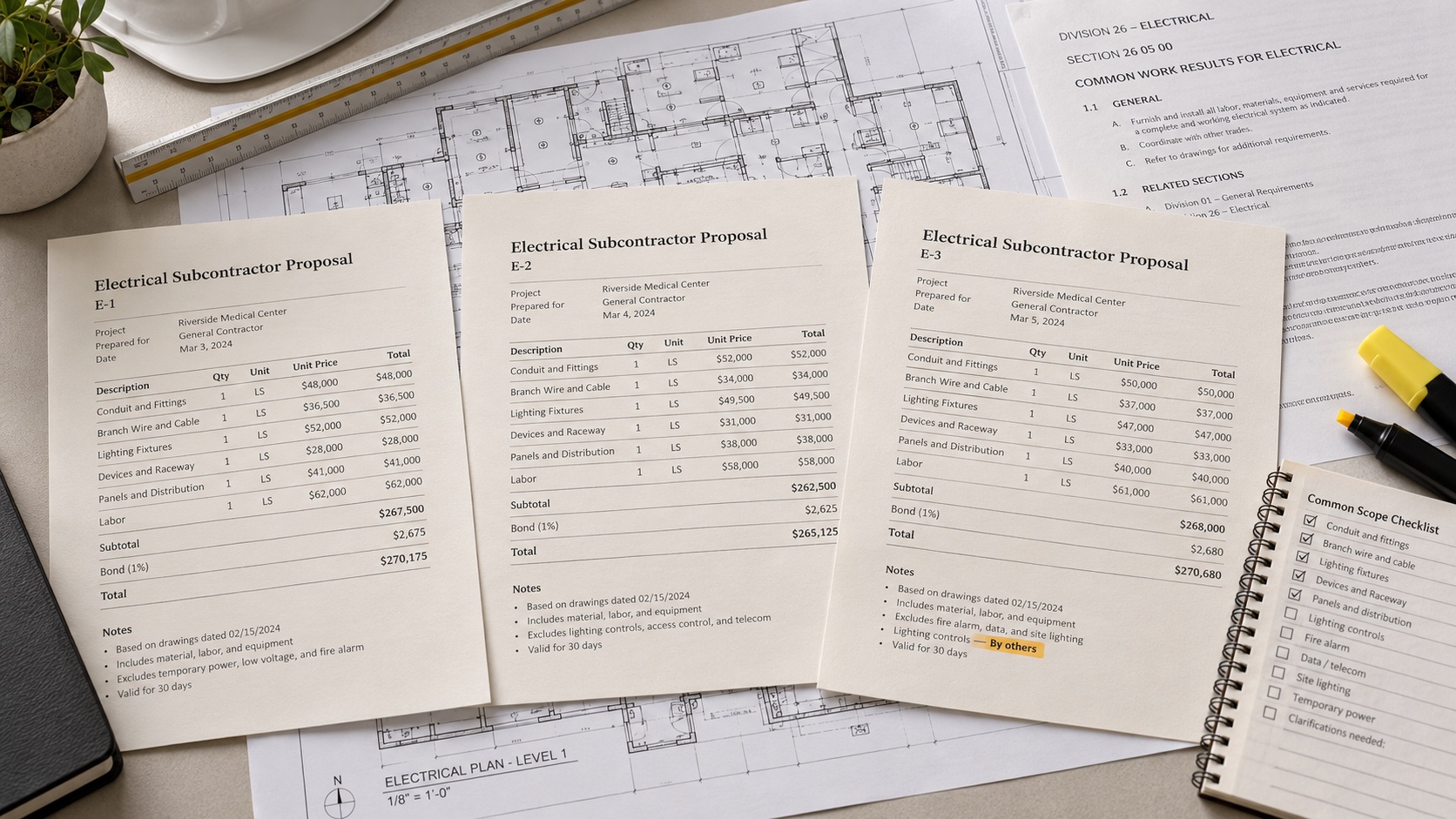 Three electrical subcontractor proposals on construction drawings beside a common scope checklist, with “By others” highlighted on one proposal.