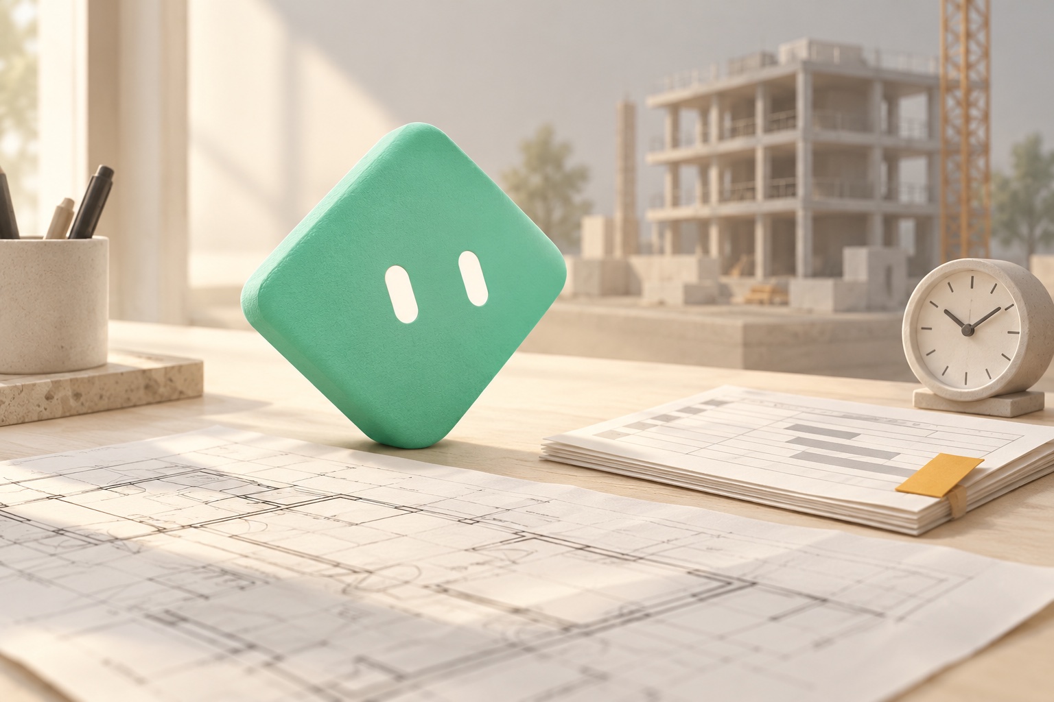 The mint diamond Sentinel avatar beside a project drawing, a marked schedule, and a clock, with a construction model in the background.