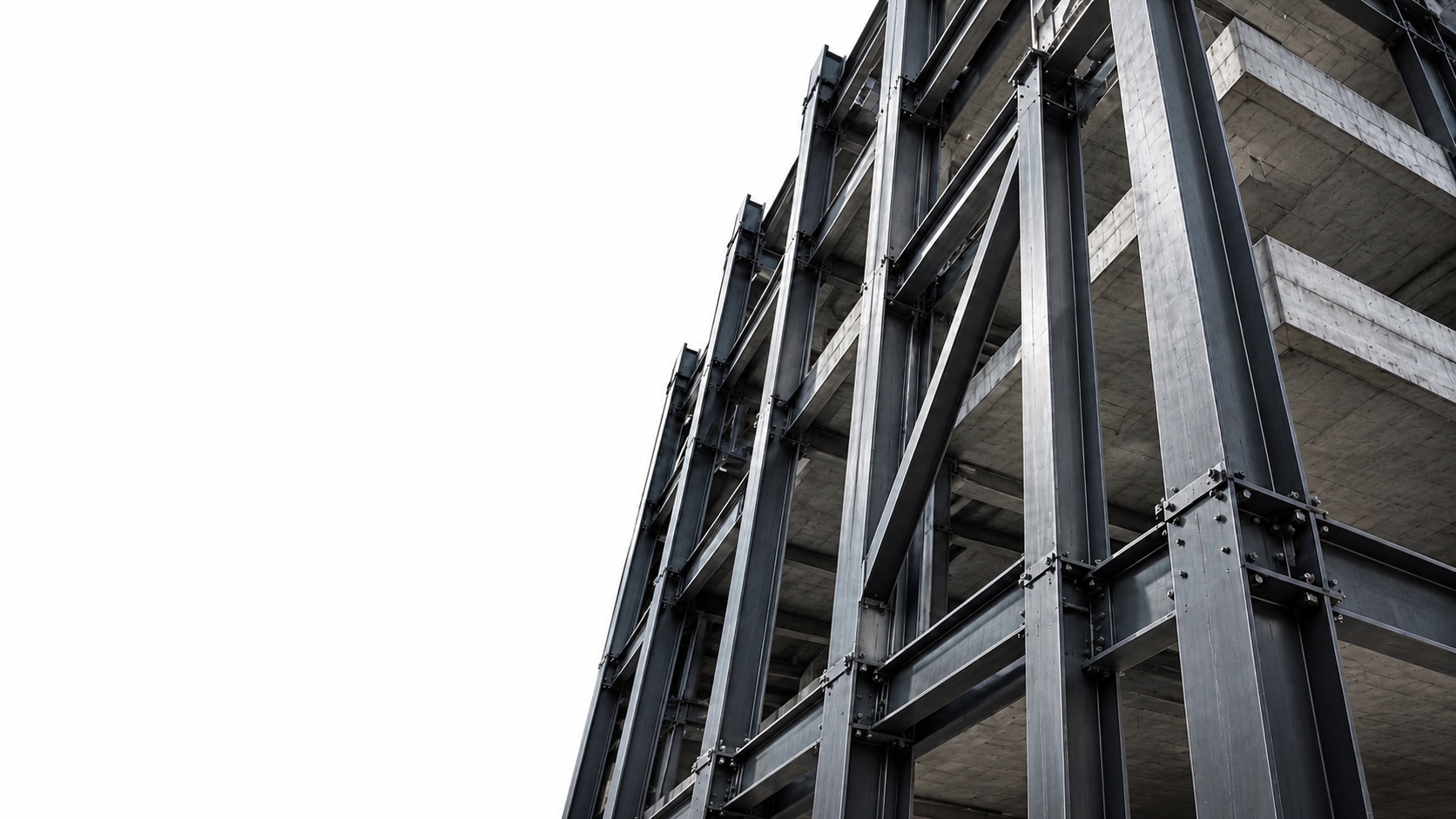 Steel framing and concrete floors against a white background