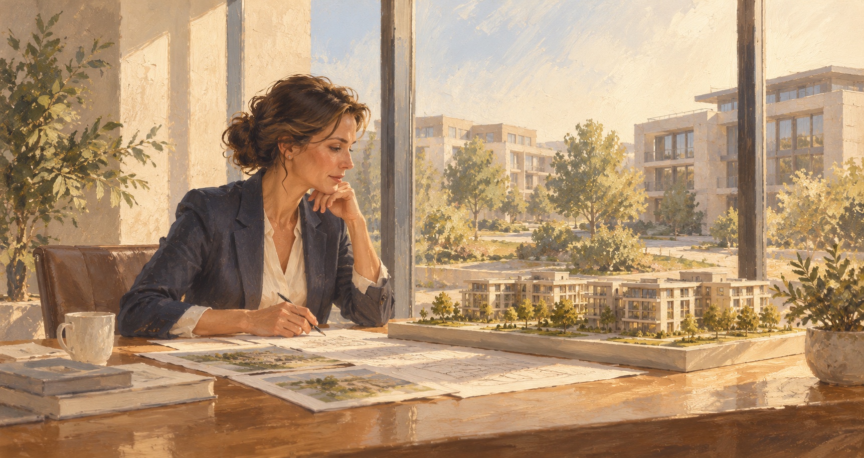An owner reviewing plans beside an architectural model.