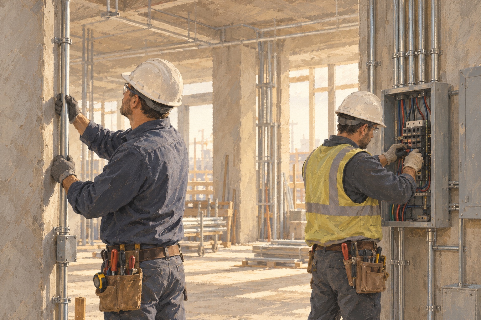 Electricians installing conduit and working at a panel.